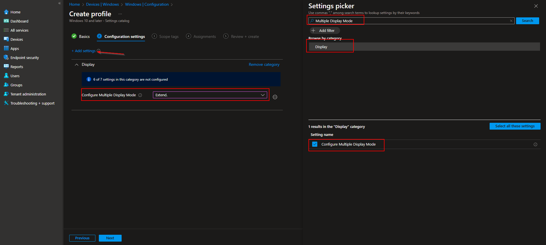 Configuring Configure Multiple Display Mode in Intune